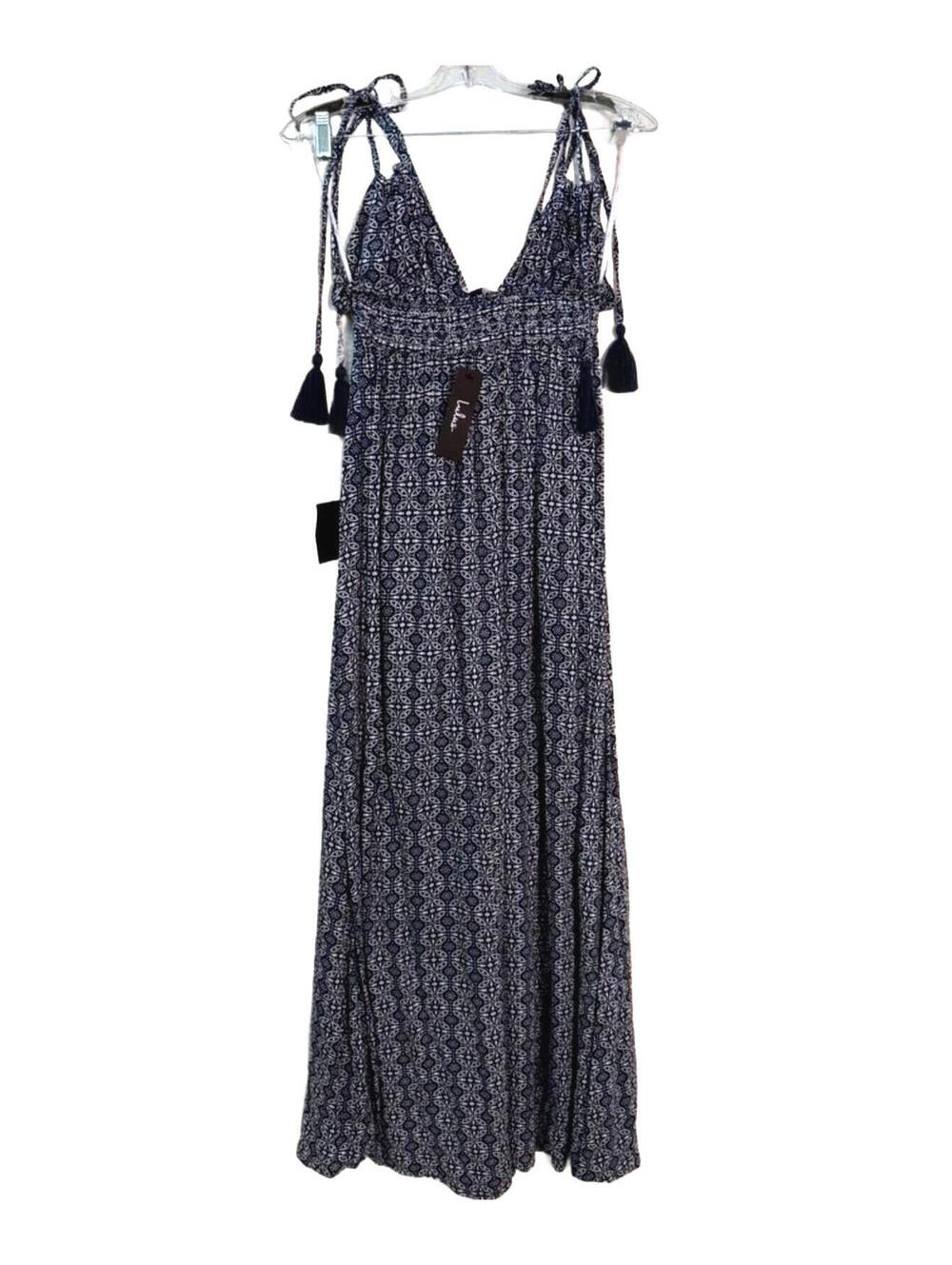 Lulus XS Maxi Dress Navy Blue White Patterned Tie Strap Boho Summer Vacation NWT